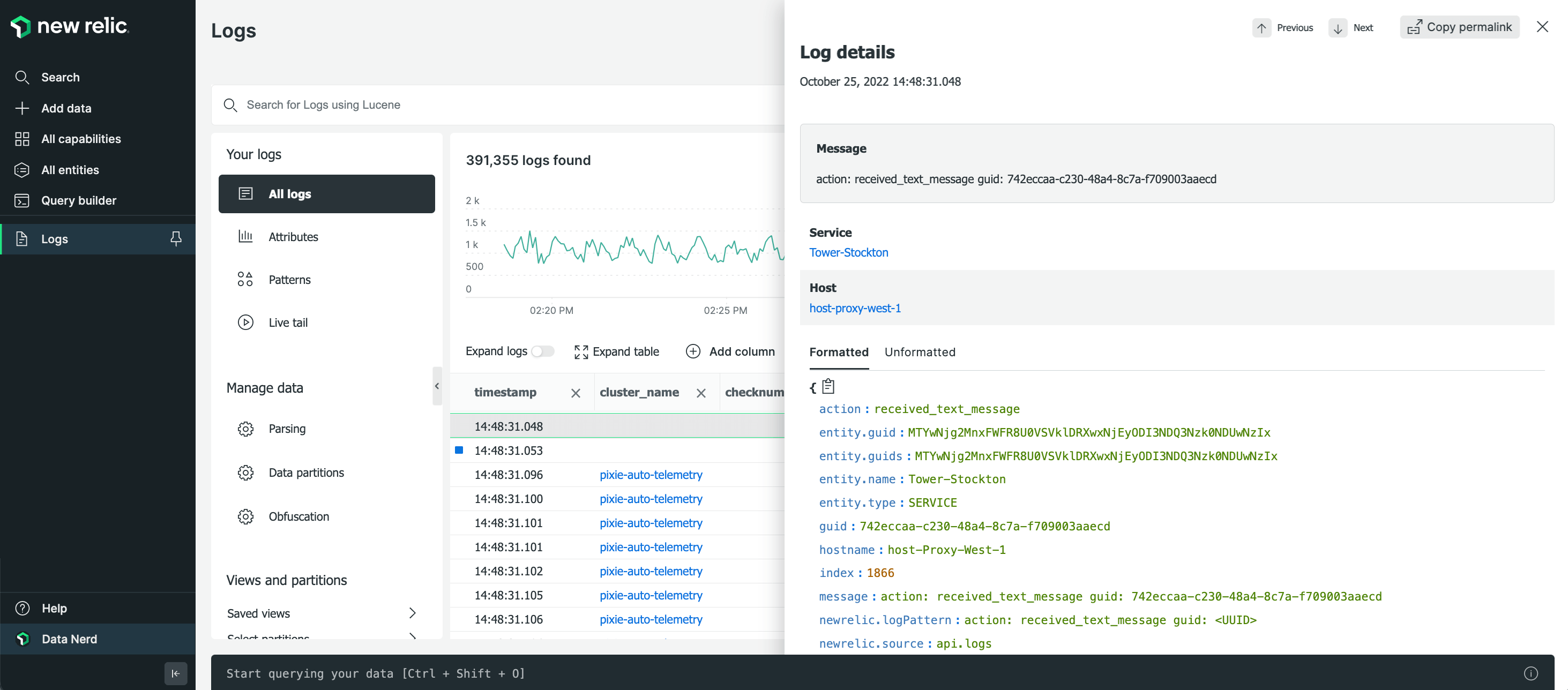 New Relic logs UI